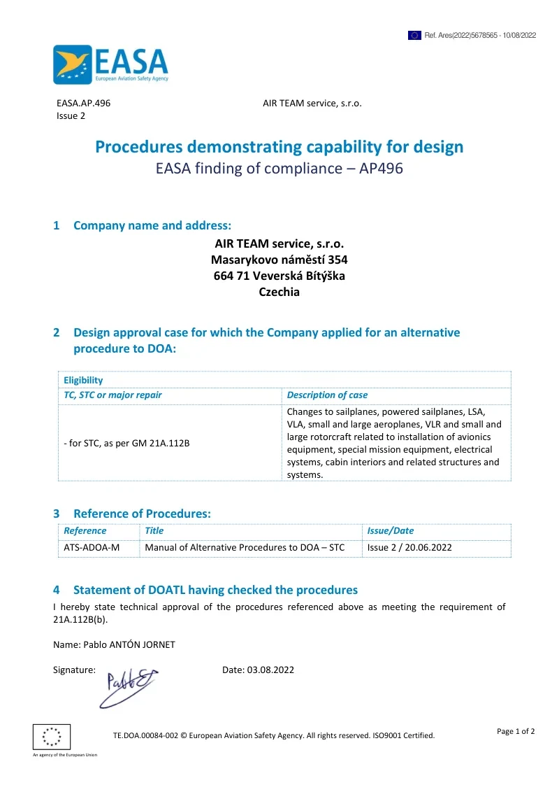 EASA finding of compliance AP496 for AIR TEAM service, alternative procedures to design organisation approval