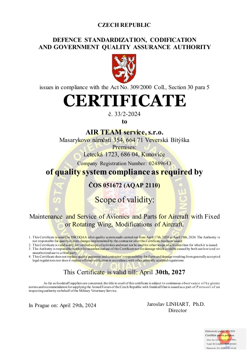 AQAP 2110 certificate 33/2-2024 issued to AIR TEAM service by the Czech defence quality assurance authority