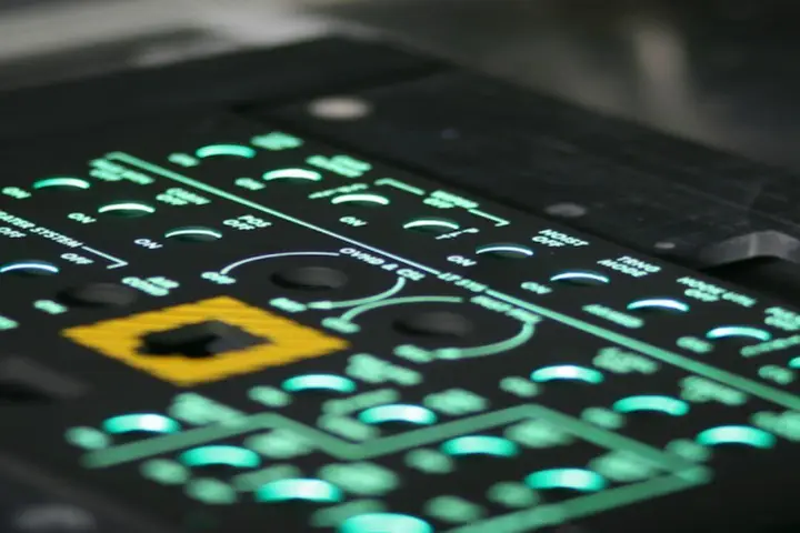Avionics panel with green illuminated legends