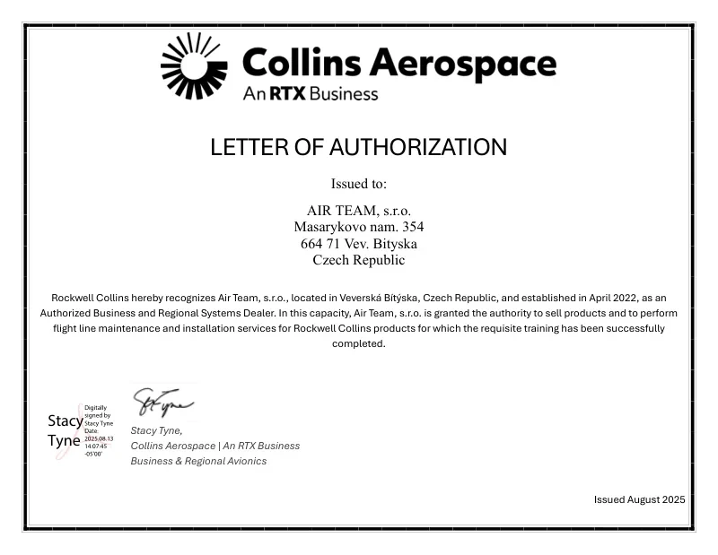 Collins Aerospace letter of authorization issued to AIR TEAM