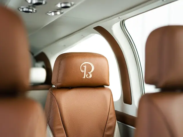 Brown leather seats with embroidered headrests in a Beechcraft Bonanza cabin