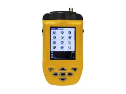 Yellow handheld unit with keypad and display