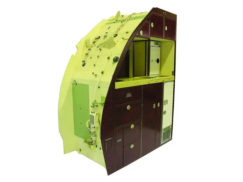 Render of a galley unit in lime and brown with drawers and cupboards