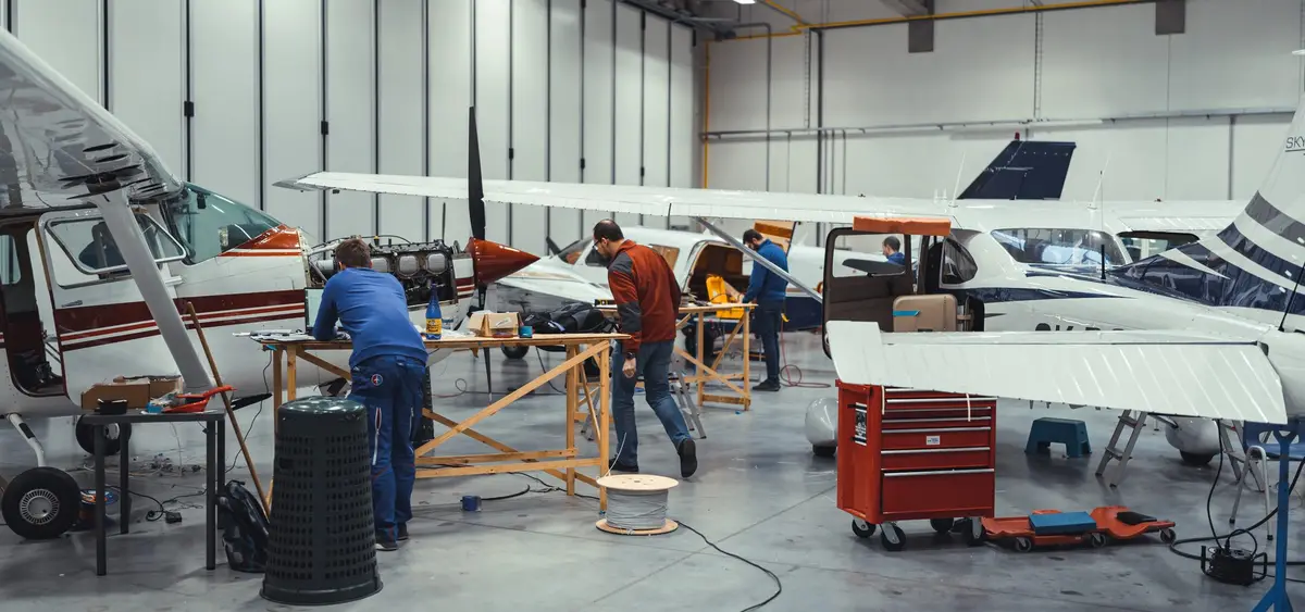 Light aircraft with technicians working under the wing in the Kunovice hangar