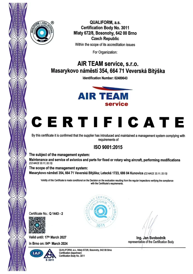 ISO 9001:2015 certificate Q 1443-2 issued to AIR TEAM service by QUALIFORM
