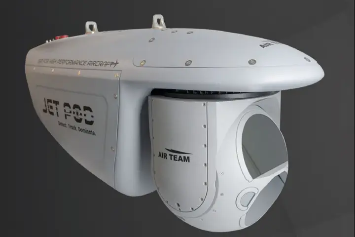AIR TEAM Intel JETPOD ISR pod with EO/IR turret, marked Detect. Track. Dominate.