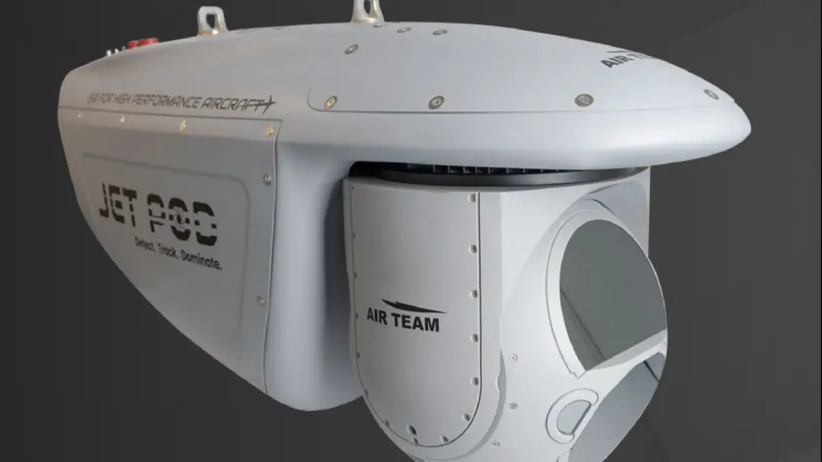 AIR TEAM Intel JETPOD ISR pod with EO/IR turret, marked Detect. Track. Dominate.