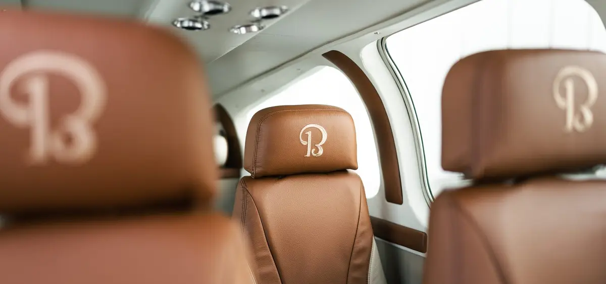 Refurbished tan leather seats with embroidered headrests in a Beechcraft cabin