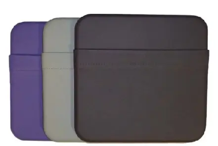 Three literature pockets in purple, grey and dark grey