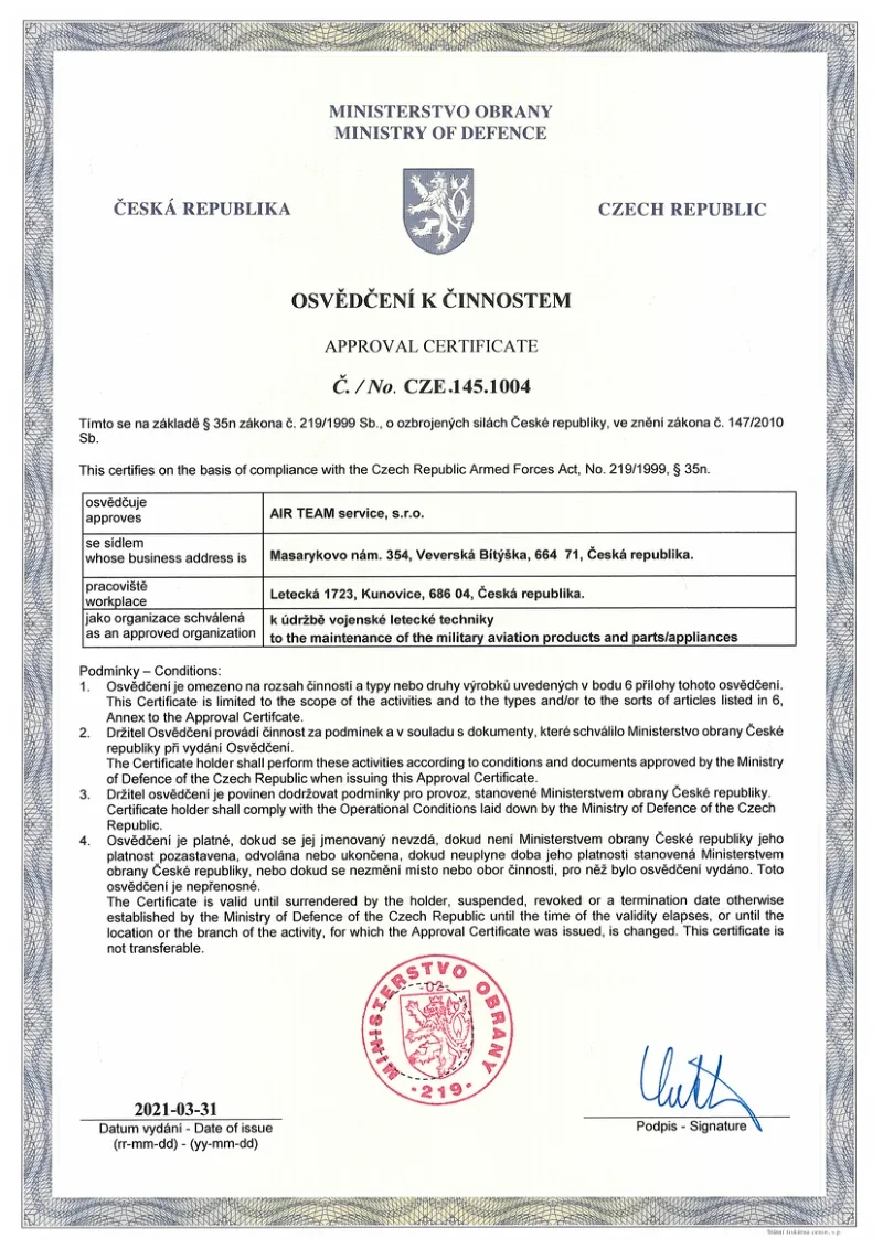 Ministry of Defence of the Czech Republic approval certificate CZE.145.1004 issued to AIR TEAM service for maintenance of military aviation products