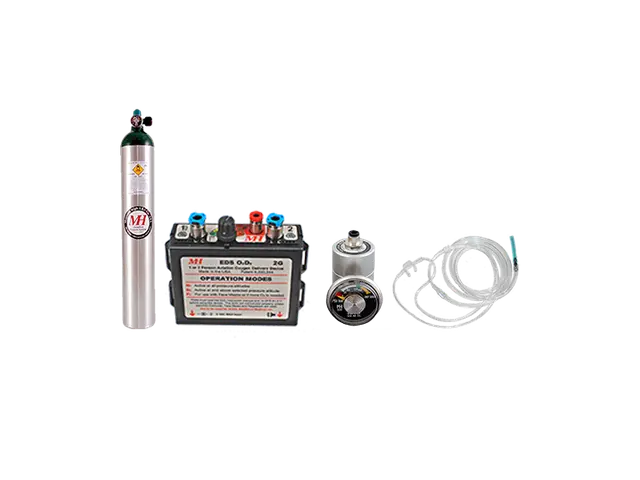 Oxygen cylinder, regulator and mask parts laid out for inspection