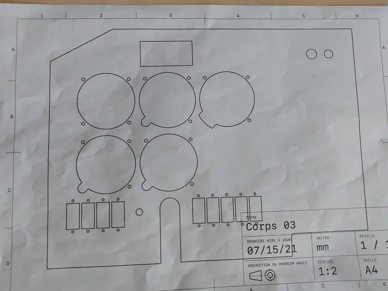Full-size panel layout template drawn to scale with instrument cut-outs