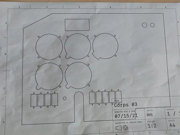 Full-size panel layout template drawn to scale with instrument cut-outs