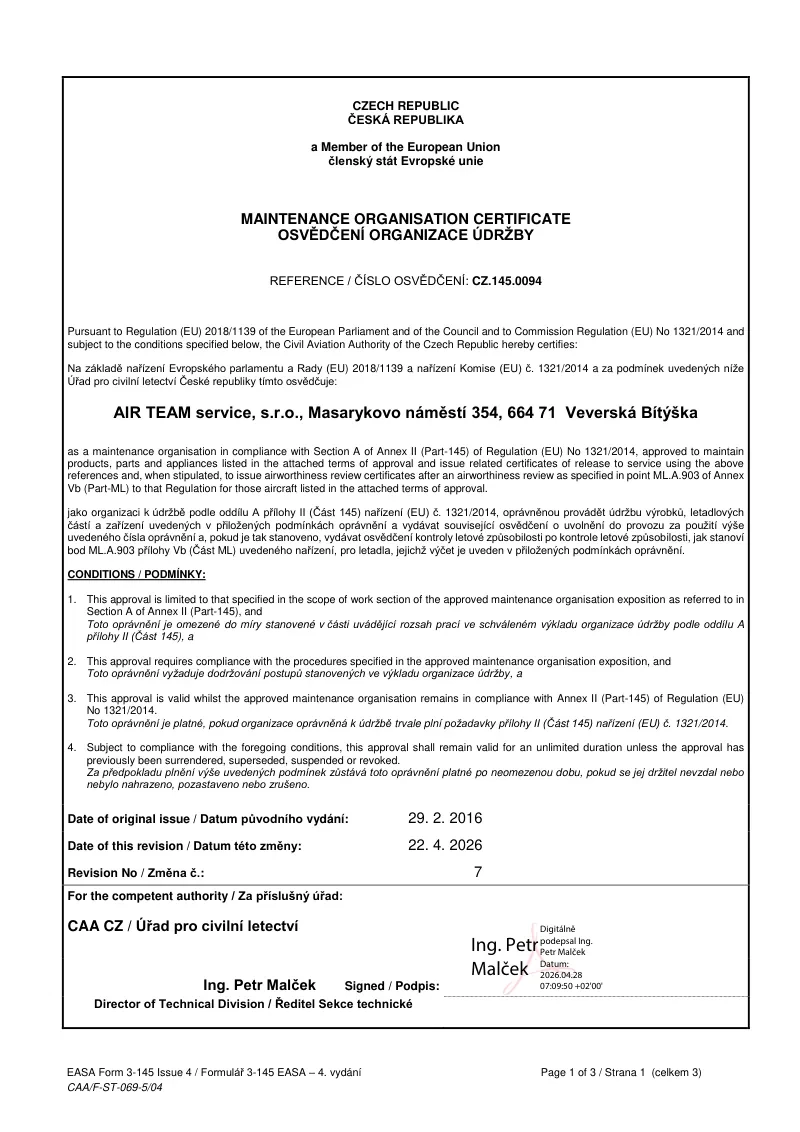 EASA Part-145 maintenance organisation certificate CZ.145.0094 issued to AIR TEAM service