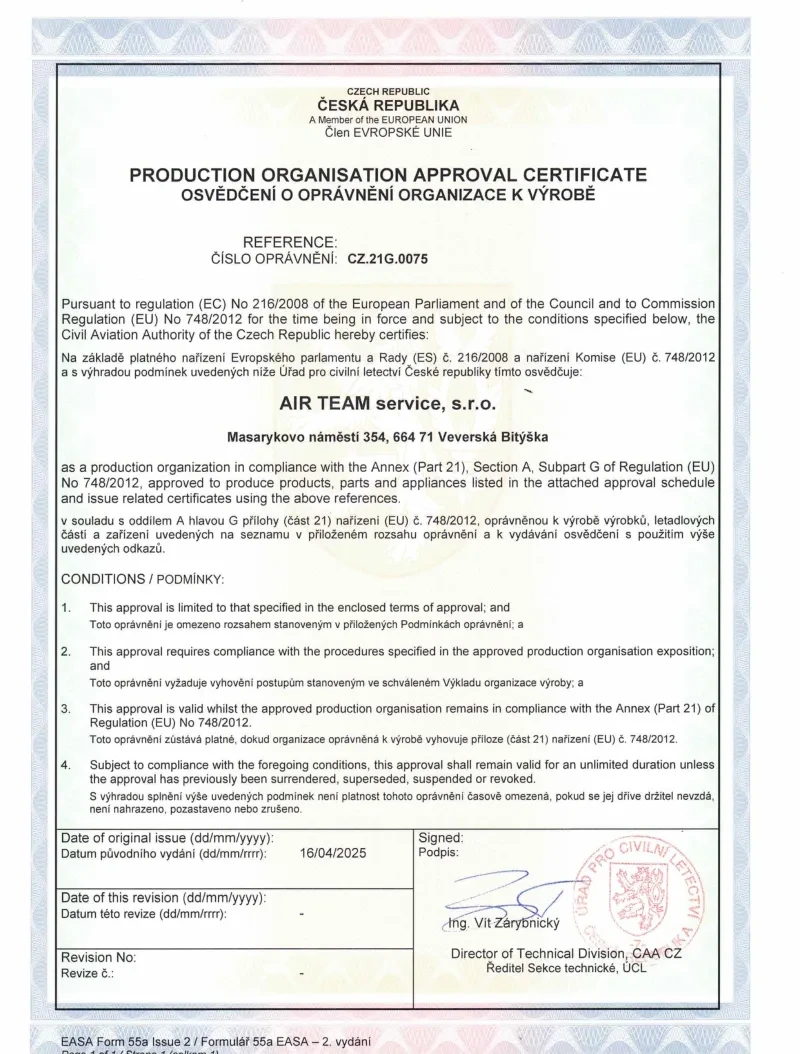 EASA Part-21G production organisation approval certificate CZ.21G.0075 issued to AIR TEAM service